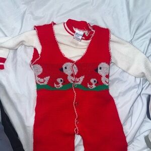 Vtg Red and White Baby Knit Romper